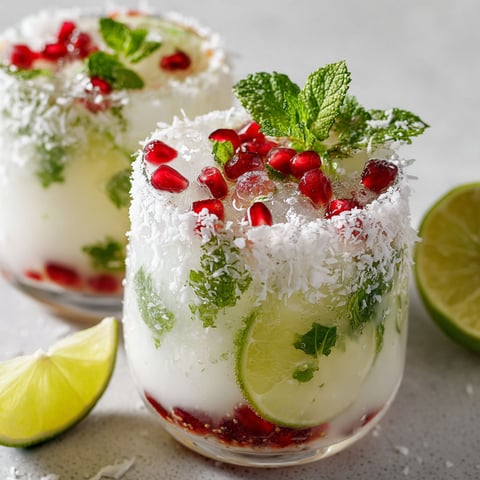 Un verre de Mojito du Noël blanc avec des fruits rouges et des herbes vertes.