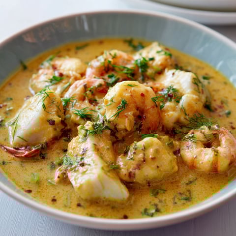 Une assiette de Blanquette de Poisson au Lait de Coco et Curry, garnie de herbes et de légumes.