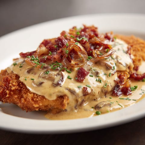 Un plat de chicken savoyard avec sauce reblochon et lardons.