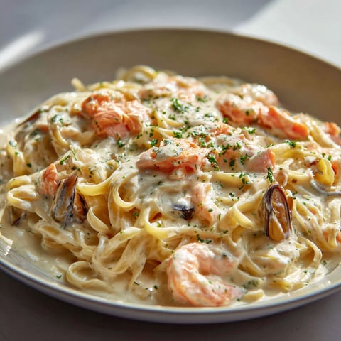 Pâtes crémeuses aux fruits de mer et truite fumée.
