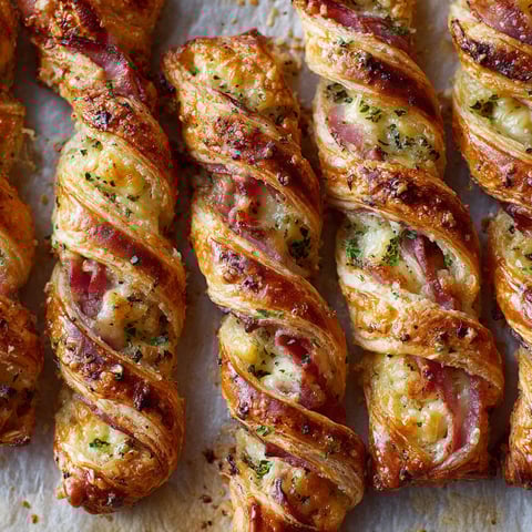 Des feuilletés torsadés au jambon et au fromage, prêts à être mangés.