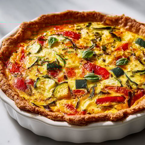 Une quiche aux courgettes et tomates, prête à être servie.