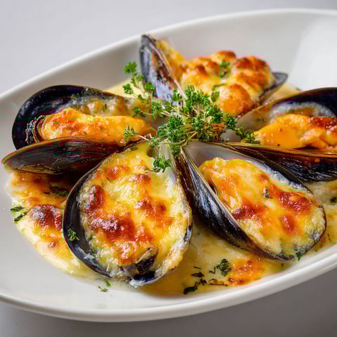 Plate of Moules à la Crème et au Fromage.