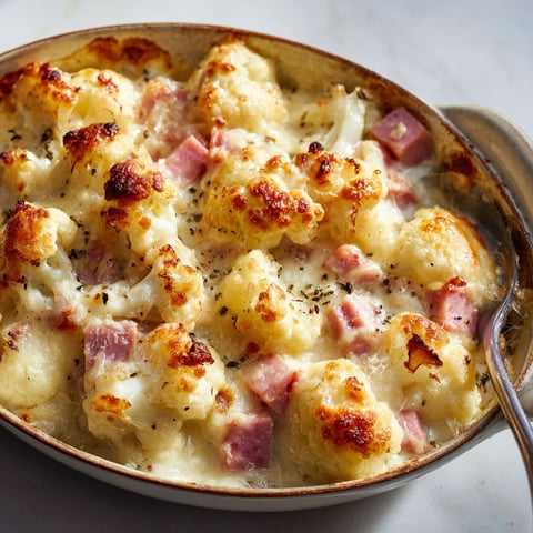 Une gratinée de chou-fleur au jambon est servie dans un bol en métal.