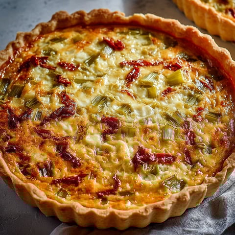 Une quiche aux poireaux, fromage et tomates séchées est servie sur une table.