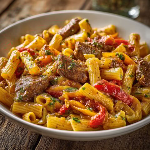 Un plat de pâtes au bœuf sauté et poivrons sur une table de bois.