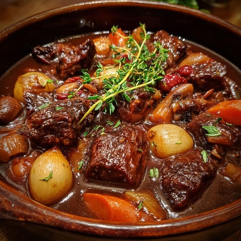 Une assiette de Civet de Sanglier à la Bourguignonne, avec des légumes et des herbes pour accompagner.