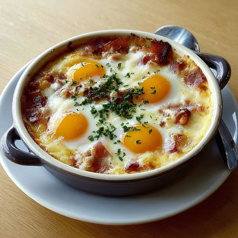 Une casserole de Œufs Cocotte Campagnards est servie sur une table.
