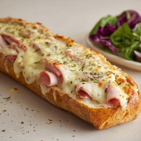 Une baguette gratinée avec du jambon de poulet et du fromage.
