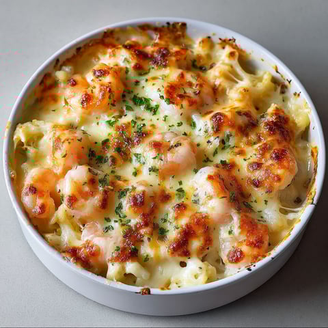 Une gratinée de crevettes, pétoncles et chou-fleur dans un bol.