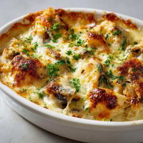 Une casserole de poisson blanc et moules gratinée, servie dans un bol blanc.