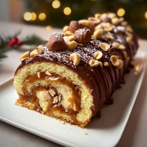 Une bûche de Noël garnie de cacahuètes, caramel et vanille, prête à être dégustée.