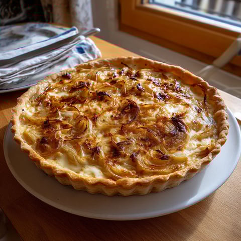 Une tarte à l'oignon et au reblochon est servie sur un plateau.