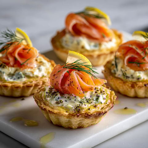 Tartelettes apéritifs au saumon fumé et fromage frais, présentées sur un plateau en marbre.