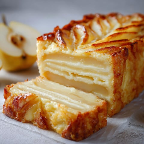 Une portion de gâteau invisible aux poires et à la vanille, avec une poire en dessous.