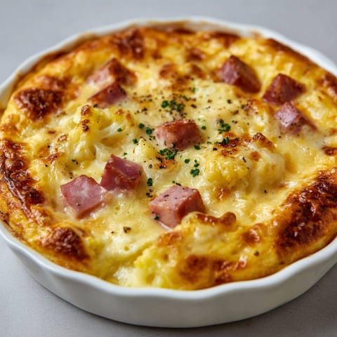 Un plat de clafoutis de chou-fleur au jambon léger, servit dans un bol blanc.