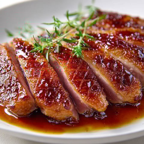 Une poignée de magret de canard grillé avec une sauce au miel et vinaigre balsamique.