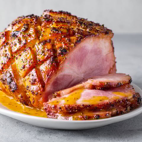 Une grande tranche de jambon de Noël, garnie de moutarde et de miel, est servie sur un plateau.