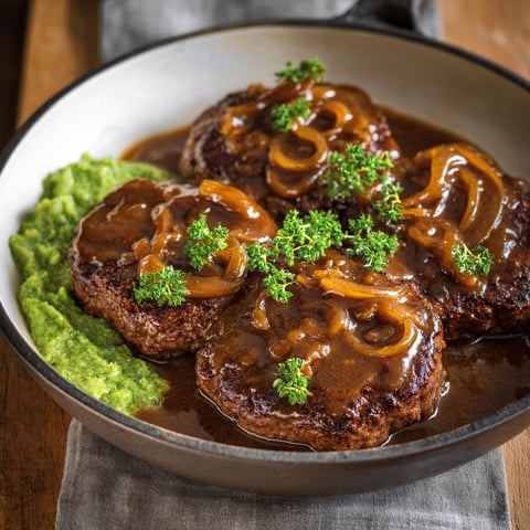 Une hamburger steak avec une sauce et des broccolis.