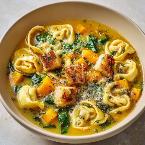Une soupe-repas aux tortellinis et à la courge, avec des pâtes et des légumes, est servie dans un bol.