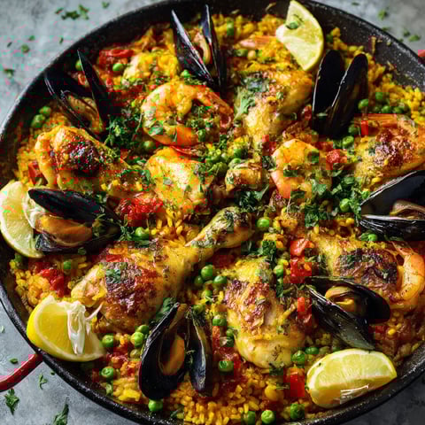 Une paella de poulet et légumes, avec des tomates, des poivrons, des oignons, des pommes de terre et des épinards.