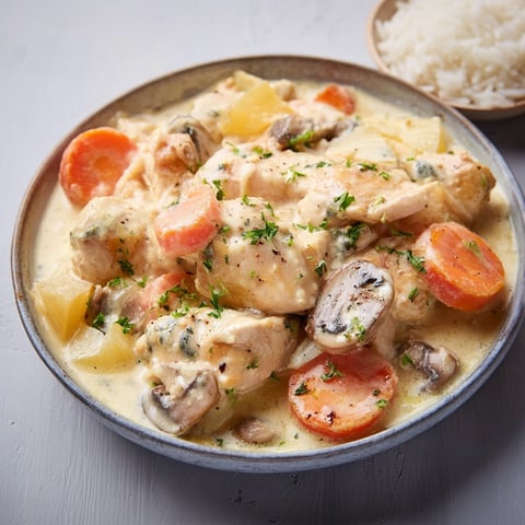 Une assiette de poulet au bleu d'Auvergne est servie sur une table.