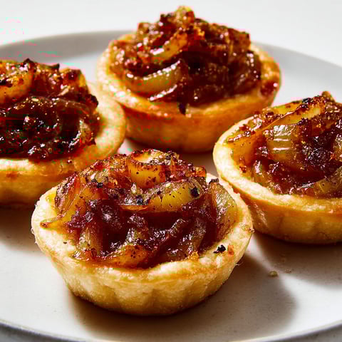 Quatre mini tartelettes aux oignons confits et miel, sur un plateau.