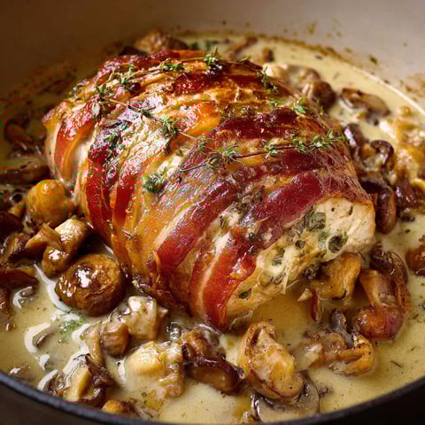 Un roti de dinde forestier en cocotte, garnie de champignons et herbes, dans une casserole.
