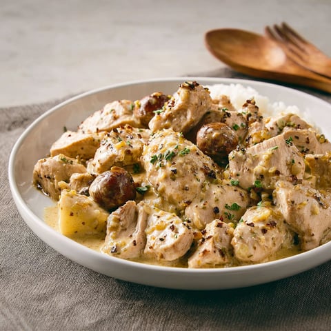 Une assiette de dinde sautée avec des châtaignes et une sauce à la moutarde.