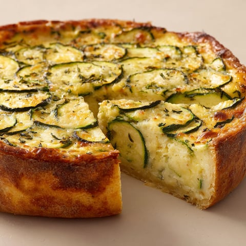 Une pièce de flan de courgettes est servie sur une table.