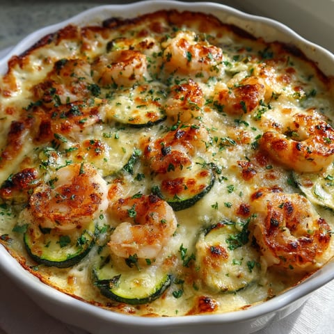 Une casserole de courgettes et crevettes gratinées à l'ail, servie dans un bol blanc.