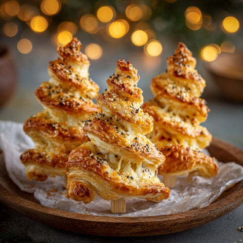 Des mini sapins feuilletés au fromage sont présentés sur un plateau.