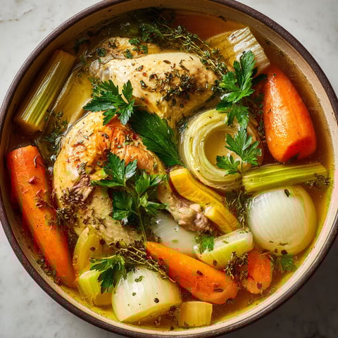 Une potée de poule et des légumes, tels que des carottes et des oignons, dans une soupe.