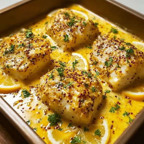 Cabillaud rôti nappé de crème citron-moutarde.