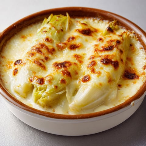 Une assiette de gratin d'endives au maroilles, servie dans un bol en céramique.