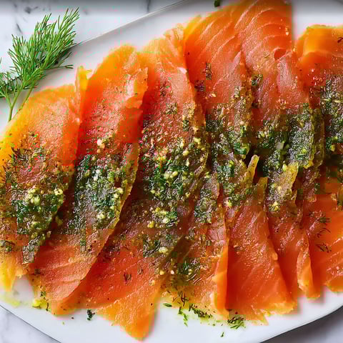 Saumon Gravlax Maison à l'Aneth et au Citron, avec des herbes fraîches et une sauce citron, est un plat savoureux et délicieux.