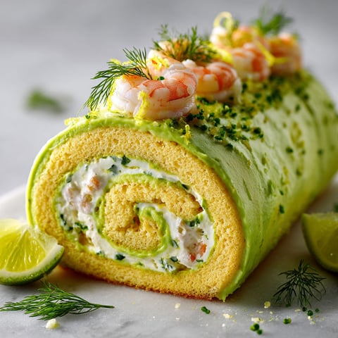 Une bûche aux crevettes, avocat et citron vert est servie sur un plateau.