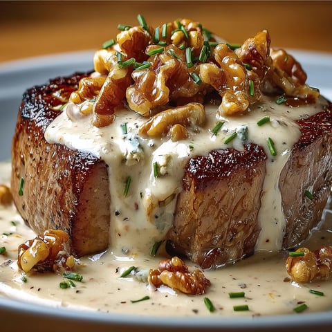 Un filet mignon sauce roquefort blanché est servi sur une assiette en verre.
