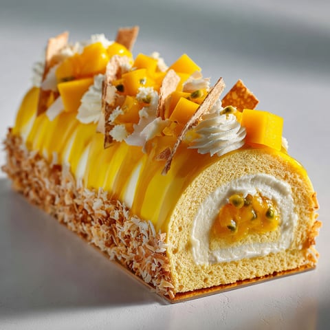 Une bûche mangue douce et sucrée, garnie de fruits et de coconut, est servie sur une table blanche.