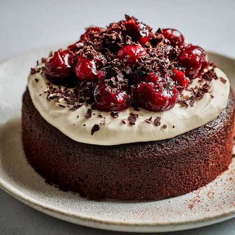 Un gâteau forêt-noire simplifié est présenté sur un plateau.