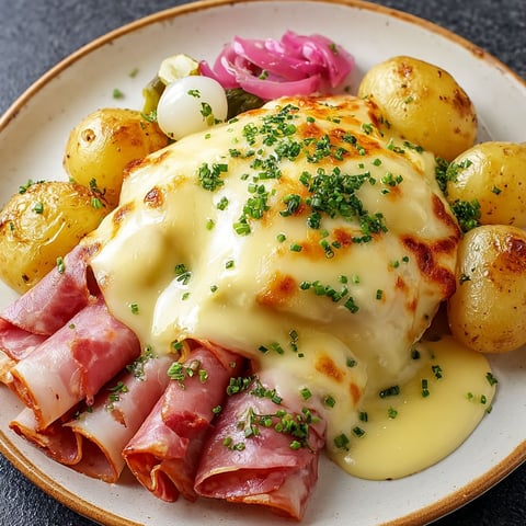 Une image de la recette Raclette Classique, avec des tranches de viande de porc, des pommes de terre et des champignons.