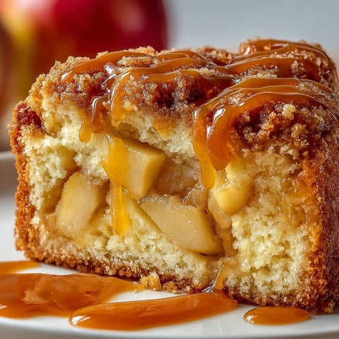 Une portion de Moelleux aux pommes et caramel, avec une sauce caramel délicieuse.