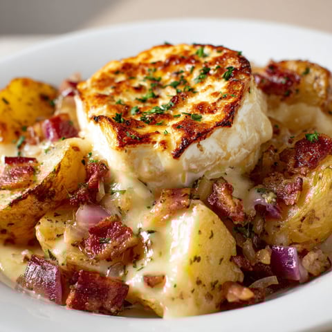 Une tartiflette de pommes de terre et de bacon, servie dans un bol.