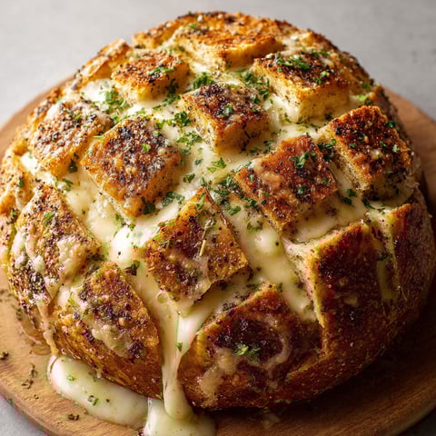 Un délicieux pain de Noël rôti à la mozzarella et poivre noir, présenté sur un plateau de bois.