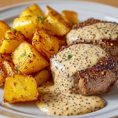 Une assiette de viande rôtie avec des pommes de terre et une sauce moutarde.