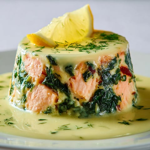 Un plat de saumon et épinards avec une sauce citronnée.