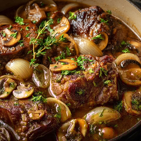 Joues de porc aux champignons et au vin blanc, une recette savoureuse et délicieuse.