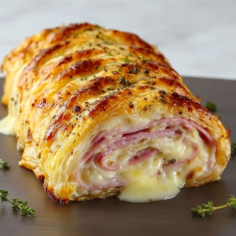 Un délicieux roulé feuilleté tressé jambon et fromage, prêt à être dégusté.