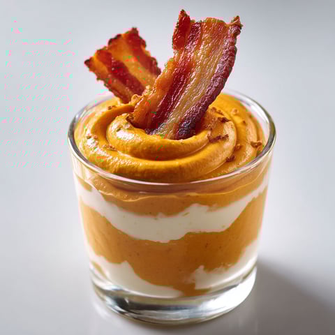 Un verrine de mousse de patate douce au bacon croustillant, avec une tranche de bacon en dessus.