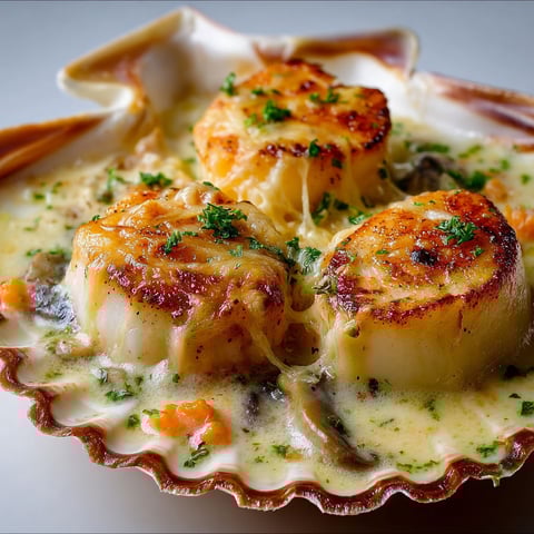Coquilles Saint-Jacques Gratinées au Fromage et Champignons, une recette savoureuse et délicieuse.